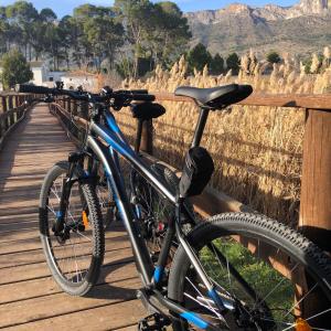 ein Fahrrad wird auf einer Holzbrücke geparkt in der Unterkunft Casa Rural Y Spa de Regina in Turballos