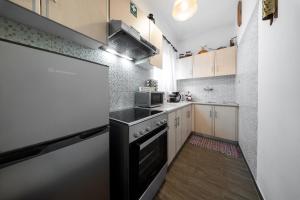 una piccola cucina con armadietti bianchi e una stufa nera di Villa Dianne Apt 1 Livadi Arachovas ad Aráchova