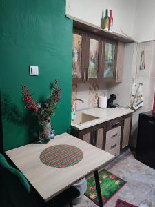 una cucina con un tavolo e una parete verde di La Familia a Veria