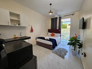 ein Schlafzimmer mit einem Bett, einem Waschbecken und einem TV in der Unterkunft Charming cosy apartment in Mtwapa