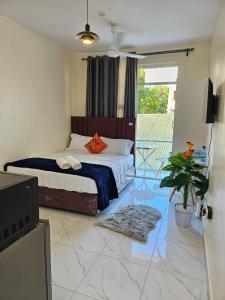 ein Schlafzimmer mit einem Bett, einem TV und einer Anlage in der Unterkunft Charming cosy apartment in Mtwapa