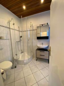 ein Badezimmer mit Dusche, Toilette und Waschbecken in der Unterkunft Studio Apartment nahe Lüneburg in Bienenbüttel