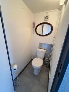 ein kleines Bad mit einem WC und einem Spiegel in der Unterkunft Marinelle in Saint Cyprien Plage