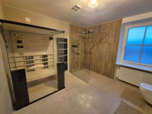 een badkamer met douche en toilet bij Haus Waldbach - nahe Nassfeld - Pressegger See in Köstendorf +18 foto's