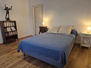 een slaapkamer met een bed met een blauw dekbed bij Le rempart in Chalon-sur-Saône