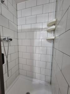 een badkamer met een douche met witte tegels bij Ironhause in Pucón