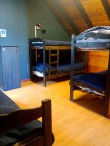 a room with three bunk beds and a wooden floor at Hostel Olimpo House in San Carlos de Bariloche