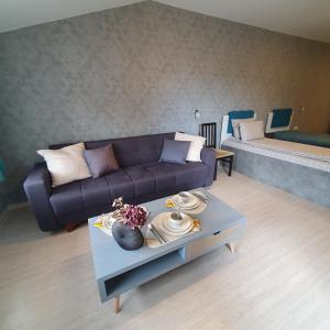 ein Wohnzimmer mit einer Couch und einem Couchtisch in der Unterkunft Lake View Deluxe Tryavna in Trjawna