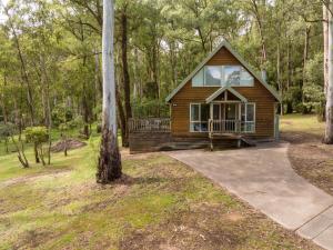 a small cabin in the woods with a walkway to it at Settle @ Sawmill in Mount Buller