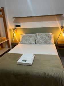 a bedroom with a large bed with two lights at Studio Sereno in Barbacena