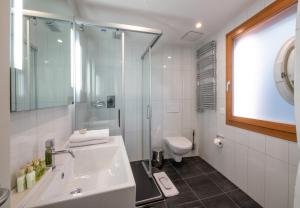a bathroom with a sink and a shower and a toilet at Chalet Waldschluecht in Wengen +22 photos