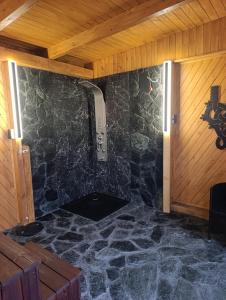 een kamer met een stenen muur en een douche bij Czesławka in Zawoja