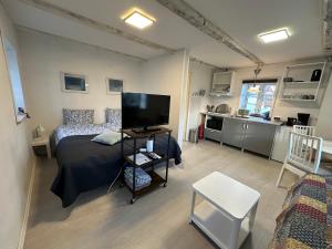 a bedroom with a bed and a television in it at Bed & Breakfast “Den Gamle Lade I Hejls” in Hejls
