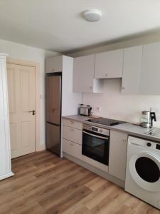 een keuken met witte kasten en een kookplaat oven bij Studio with kitchen and bathroom in Cork