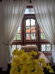 a vase of yellow flowers on a table with curtains at Condo NÖJE in Weligama