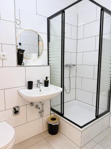 een badkamer met een douche en een wastafel bij Kölner Street Loft ,Neu Renoviert für bis zu 5 Personen mit Küche und Bad in Düsseldorf