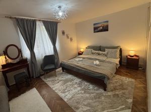 a bedroom with a large bed and a mirror at Oliver's House in Budaörs