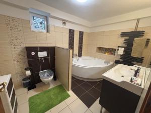 a bathroom with a tub and a toilet and a sink at Oliver's House in Budaörs +62 photos