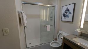 a bathroom with a shower with a toilet and a sink at Candlewood Suites Conway by IHG in Conway +96 photos
