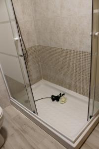 a bath room with a teddy bear on the floor at Hotel Cuatro Caños in Alcalá de Henares