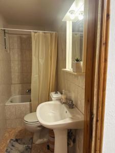 a bathroom with a sink and a toilet and a tub at Little Florina Nest in Florina +17 photos
