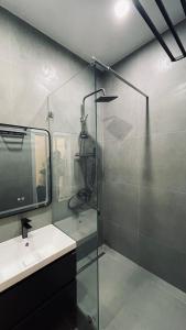 a bathroom with a shower and a sink and a mirror at Kamoli Khujandi 166 in Khujand