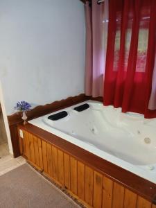 una vasca da bagno in una stanza con una finestra rossa di casa a Bocaina de Minas