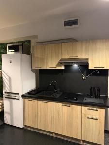 a kitchen with a white refrigerator and wooden cabinets at Apartament Pod Kukułką in Kłodzko