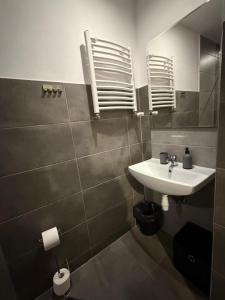 a bathroom with a sink and a mirror at Apartament Pod Kukułką in Kłodzko