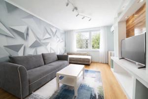 een woonkamer met een bank en een tv bij Comfort 66 Large Family City Home in Miskolc