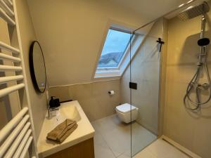 een badkamer met een douche, een toilet en een wastafel bij Zur Fausenburg in Bruttig-Fankel +65 foto's