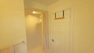 a bathroom with a shower and a white door at Nordic Three Brantford in Brantford