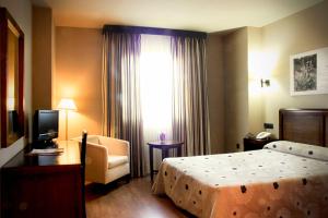 a hotel room with a bed and a chair and a window at Hotel Zerbinetta in Dílar