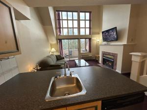 a kitchen with a sink and a living room at Borgata Lodge Resort in Kelowna +276 photos
