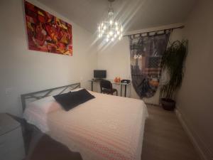 een slaapkamer met een wit bed en een kroonluchter bij Atelier Couleurs - Evreux centre in Évreux +2 foto's