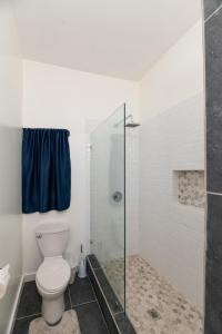 ein Badezimmer mit Toilette und Glasdusche in der Unterkunft Casa Familia in West Bay
