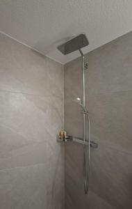 een douche met een douchekop in een badkamer bij Summit View Apartment in Spiez
