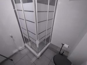 une douche en verre dans une salle de bains avec toilettes dans l'établissement BudgetBnb 281, downtown studio, à La Seyne-sur-Mer