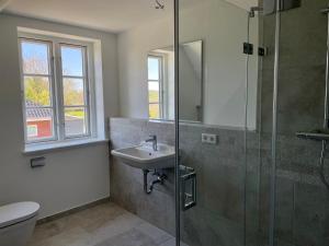 un bagno con lavandino e doccia in vetro di Sommergeest a Goting