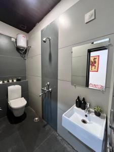 a bathroom with a sink and a toilet and a mirror at Riga House in Udaipur +41 photos