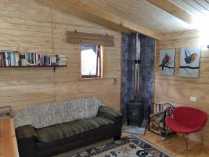 a living room with a couch and a stove at Cabaña en Panguipulli, lugar tranquilo in Panguipulli