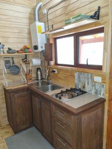 a kitchen with a sink and a stove at Cabaña en Panguipulli, lugar tranquilo in Panguipulli