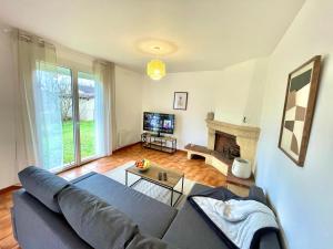 een woonkamer met een blauwe bank en een open haard bij " Au coin du Lys " Garage - Jardin - Wifi in Saint-Lys