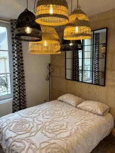 een slaapkamer met 2 kroonluchters en een bed bij Résidence ARTHUS Cinopé in Pierrefonds