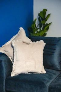 een kussen op een zwarte bank met een plant bij Sedgebank House in Uphall