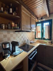 una cucina con un lavello e una macchina per il caffè su un bancone di Santa House ad Aráchova Altre 4 foto