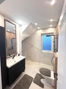 un bagno con lavandino e specchio di David’s place a Floreşti