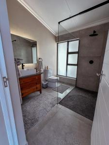 a bathroom with a shower and a sink and a toilet at Forestview Luxury Farm Stay in Bellcrest +45 photos