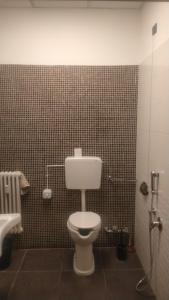 een badkamer met een toilet en een betegelde muur bij Mini Hostel 404 in Turijn