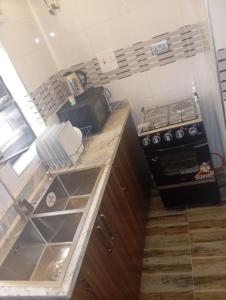 a small kitchen with a stove and a sink at Luxury 3 Bedroom Duplex with Mini Swimming Pool in Enugu +4 photos